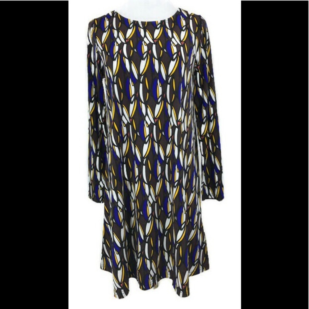 Tracy Negoshian Brown & Blue Feather Stretch Dress Sz Small - Picture 2 of 7